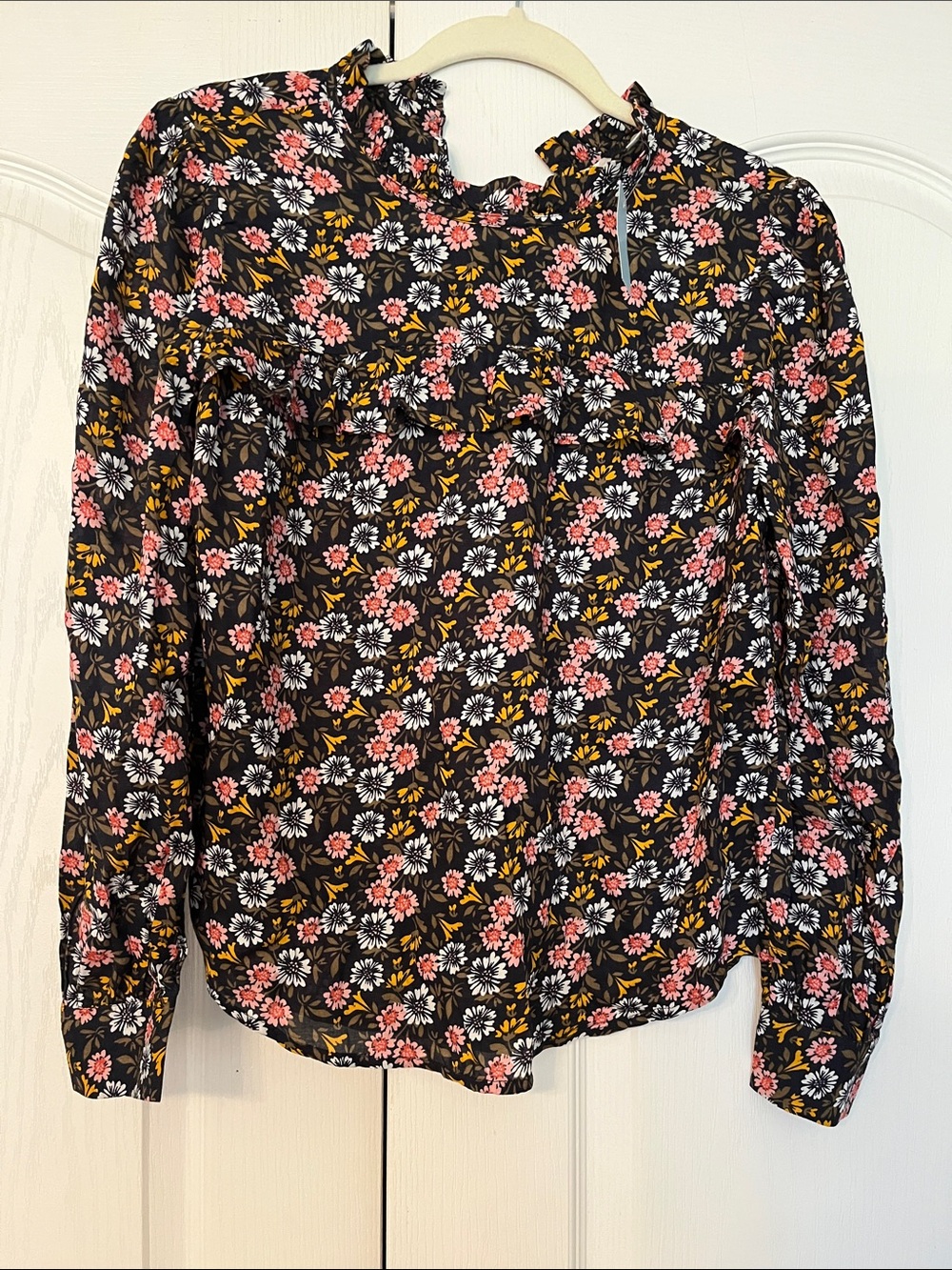 LOFT Black Floral Ruffle-Neck Long Sleeve Blouse
